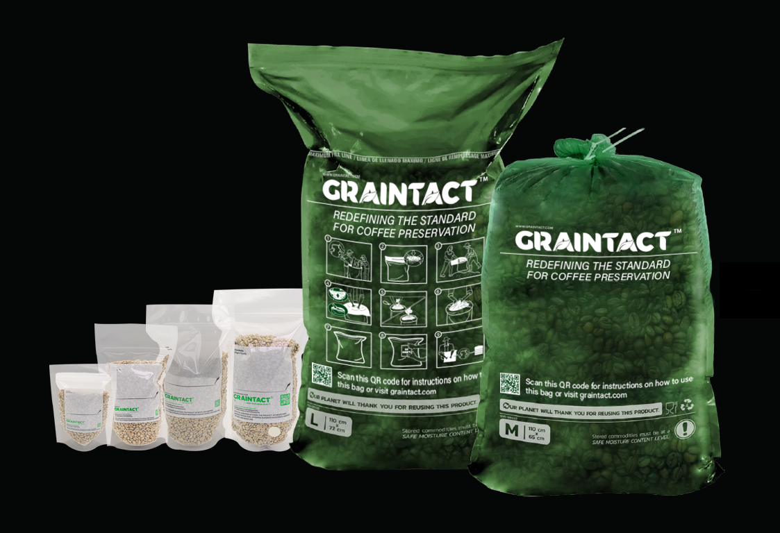 Graintact full product family with sample bags and large green coffee storage bags